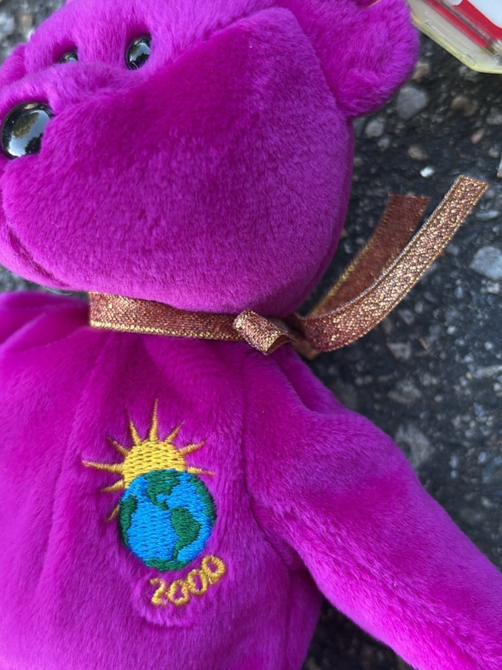Ty Bright Purple Bear with Gold Ribbon and Embroidered Earth